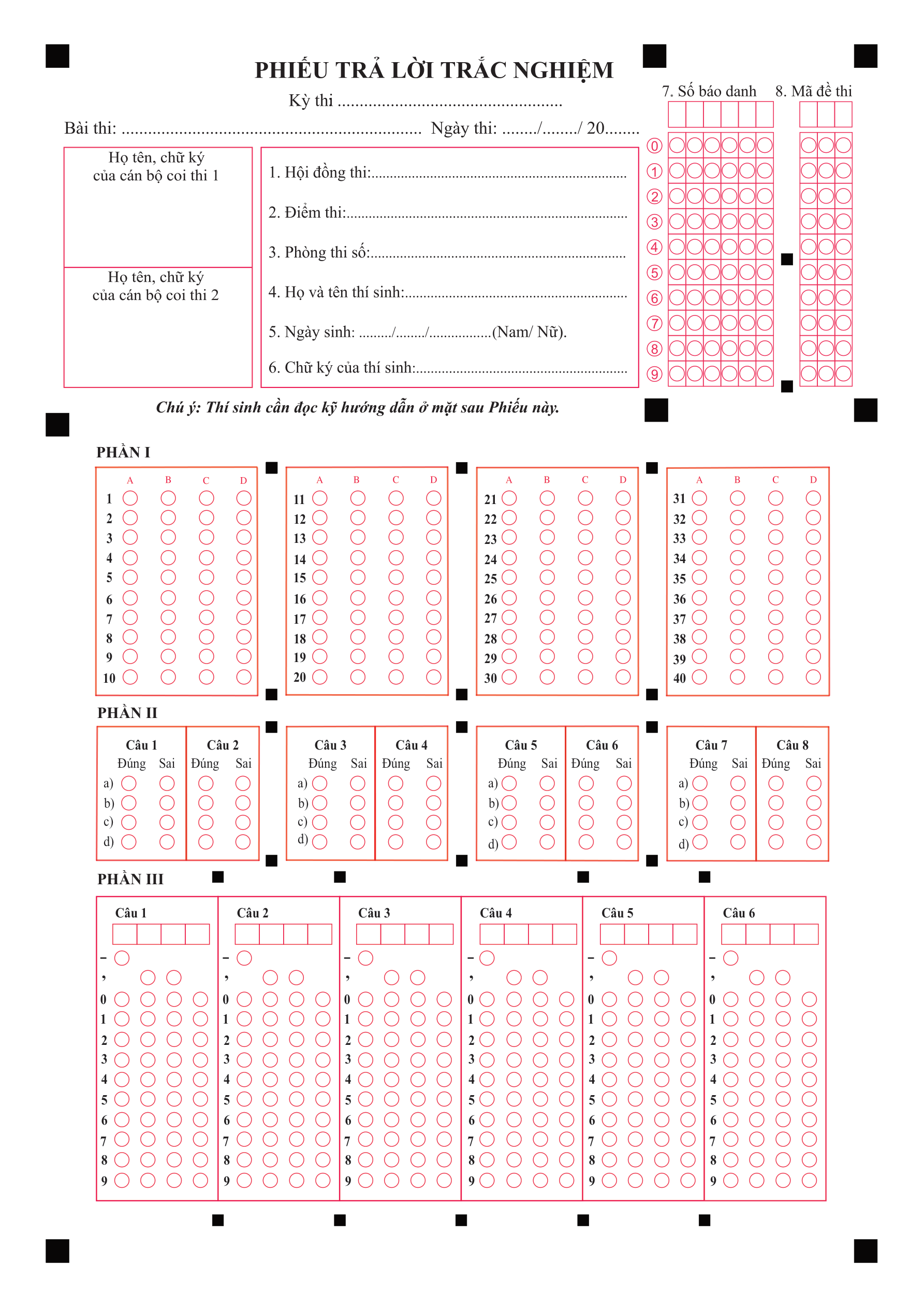 Phiếu trả lời trắc nghiệm 2